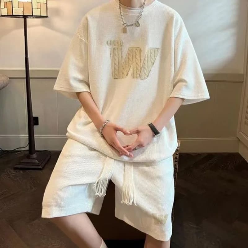 Women's short sleeve summer t-shirt with waffle texture, set of two pieces, shorts, fashionable sportswear for teenagers, Hong Kong style