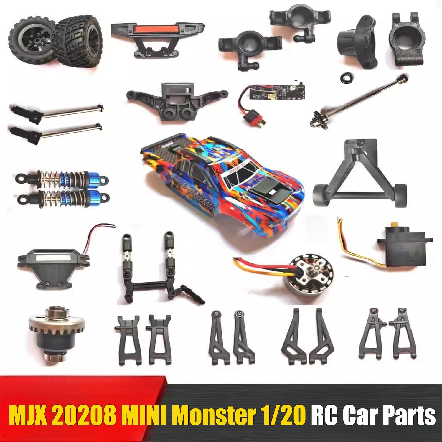 Ricambi per Auto RC MJX 20208 MINI Monster 1/20: Carrozzeria, Ammortizzatore, Pneumatico, Tirante, Differenziale, Scheda Circuito, Braccio Oscillante, Servomotore