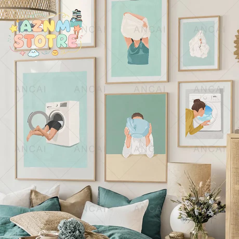 Quadro su tela con lavatrice, vasca da bagno e asciugacapelli, stile nordico, per decorazione soggiorno