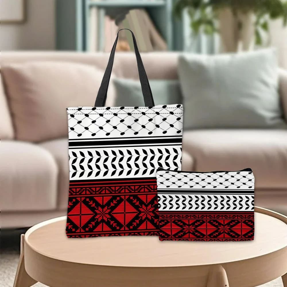 Traditional design tote bag with red, black and white geometric pattern, cosmetic bag, practical combined shopping bag