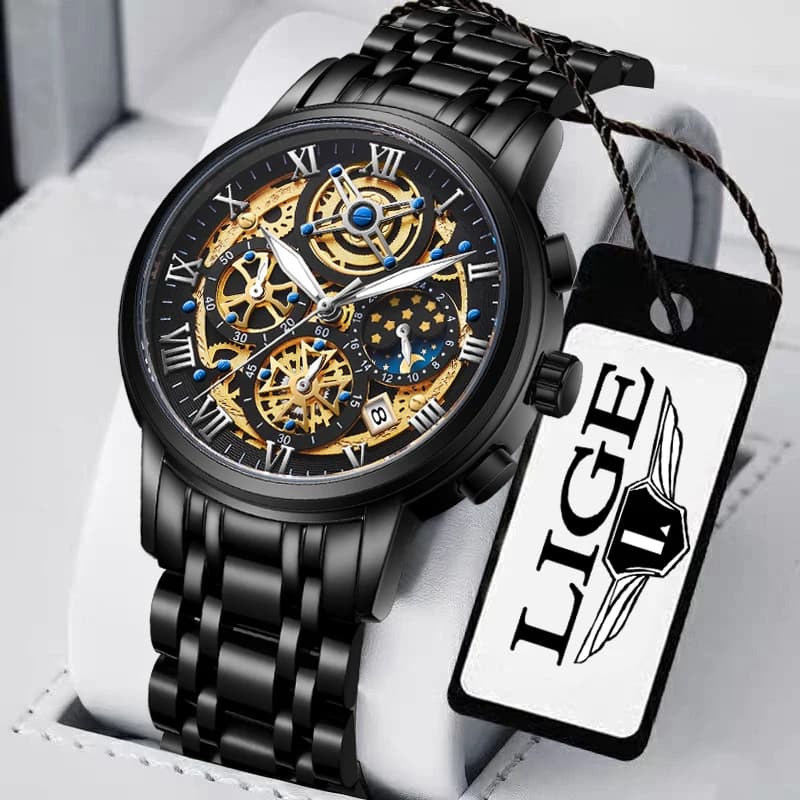 LIGE High Quality Quartz Watches For Men Business Luxury Digging Out Waterproof Casual Stainless Steel Strap Men's Watch Male Watches