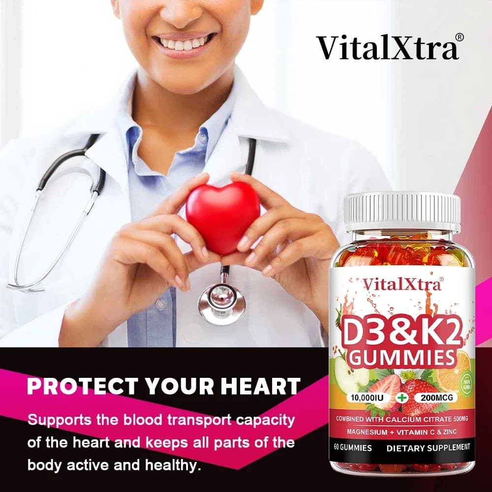 Natural Vitamin D3 K2 Gummies, Supports Healthy Bone, Joint, Teeth and Skin, Immune Health Supplement, GMO Free, Gluten Free