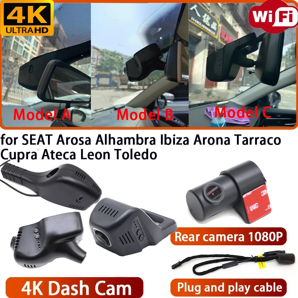 for SEAT Arosa Alhambra Ibiza Arona Tarraco Cupra Ateca Leon Toledo Video Recorder 4K DVR Dash Cam Wifi Camera Plug & Play