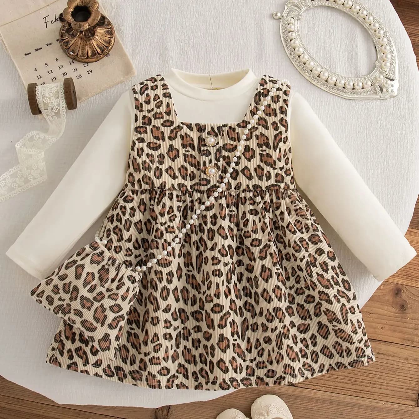 Spring And Autumn New Baby Girl Long Sleeve Dress, Cute Leopard Pattern Children'S Clothing Comes With Free Bag (0-3 Years Old)