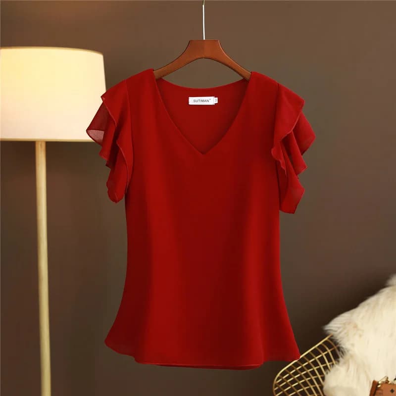 2026 Abito estivo moda Camicetta da donna Top Nuova maglietta in chiffon con scollo a V a maniche corte Camicia piccola ampia e versatile da donna