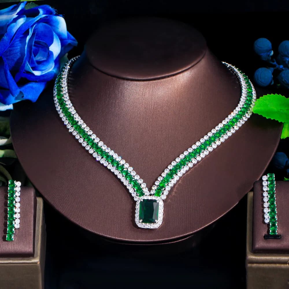 ThreeGraces elegante verde Cubic Zirconia grande geometrica quadrata CZ collana e orecchini Set di gioielli per feste di lusso per le donne TZ936
