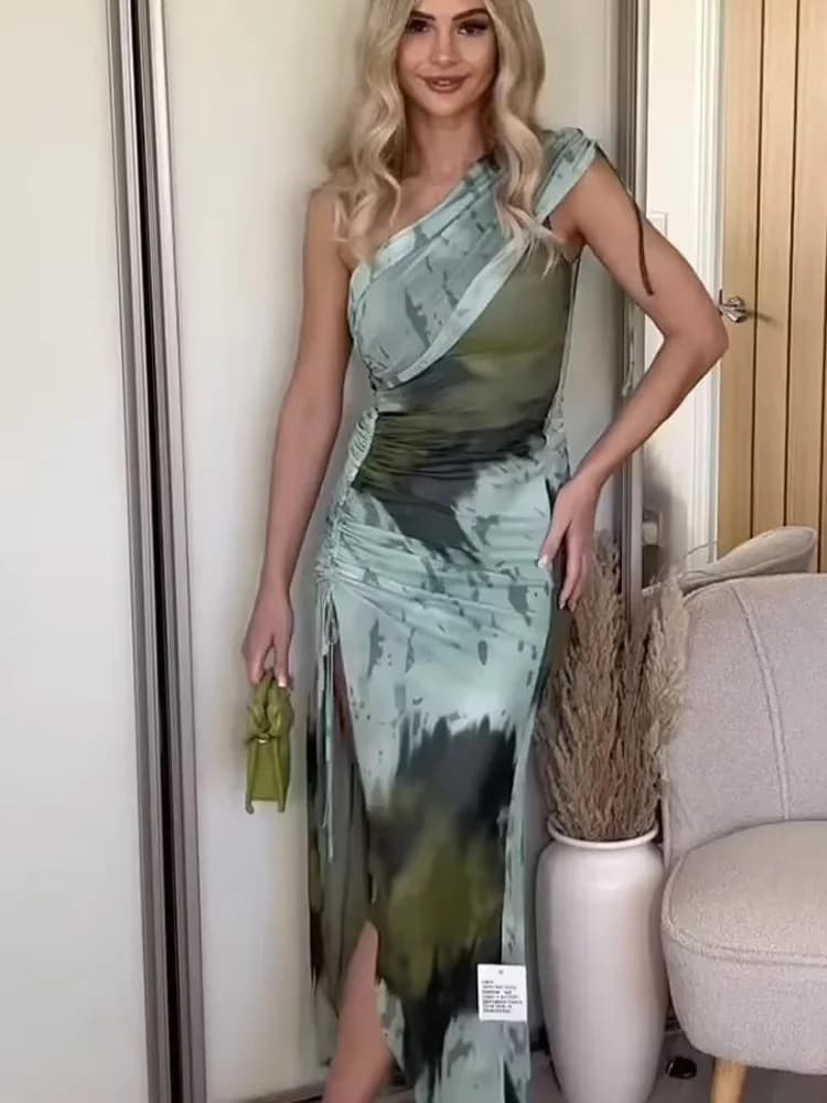 HH Abiti moda estate donna Stampa senza maniche Backless Asimmetria Orlo diviso Decora abito da spiaggia con cerniera laterale Mujer