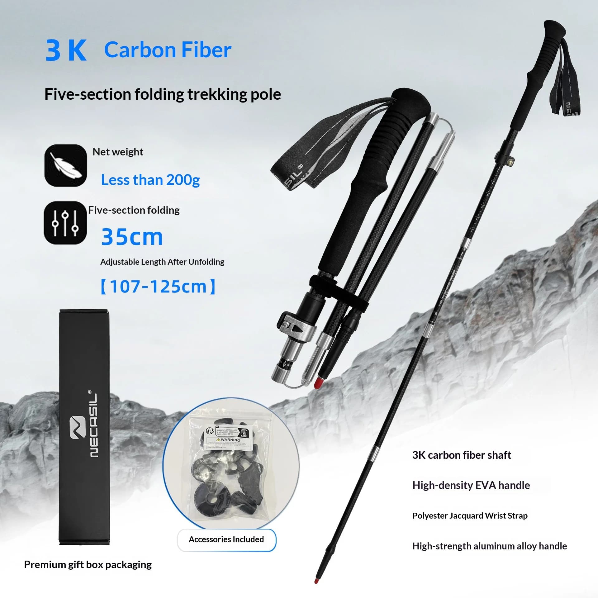 Outdoor Trekking Poles 3K Carbon Fiber Folding Hiking Stick Ultra Lightweight Walking Staff for Camping Climbing Walking Sticks