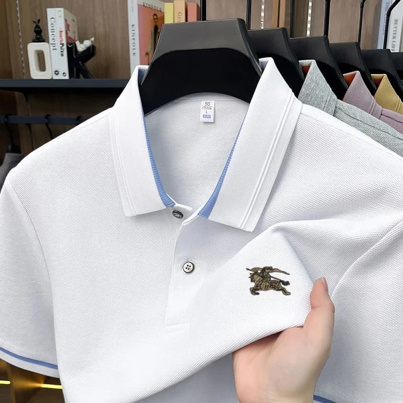 Polo da uomo 100% cotone puro, lussuosa, fresca al tatto, traspirante, a maniche corte, casual elegante, da golf, premium, con ricamo.