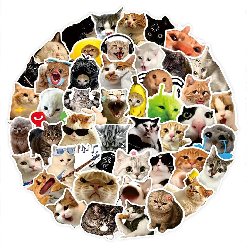 100Pcs Funny Cat Meme Stickers Cute Kitten Expression Decals Waterproof For Notebook Journal Decor Golden Memory Stickers Store