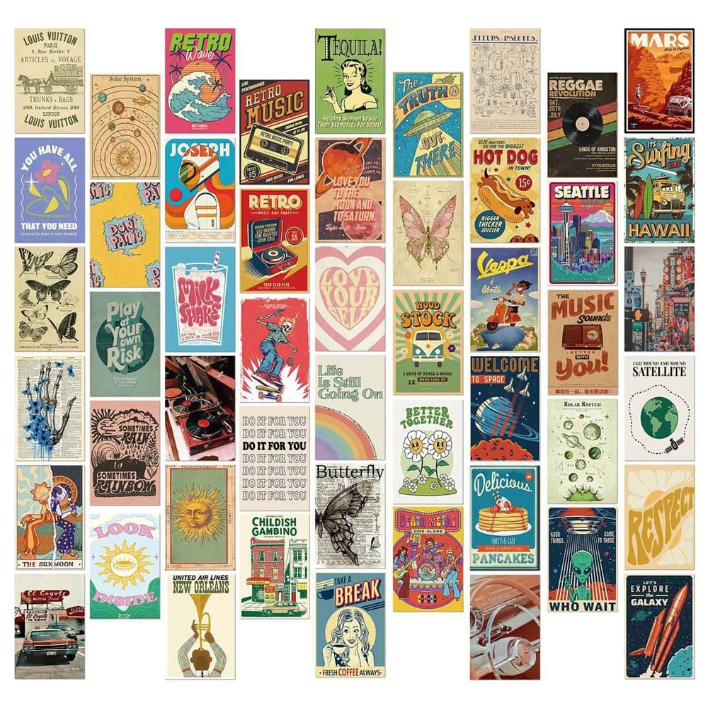 50 Decorative Postcards in Retro Style, Paintings with Bedroom Frame, Wall decals, Collage Art, Cartoon Scrapbook S