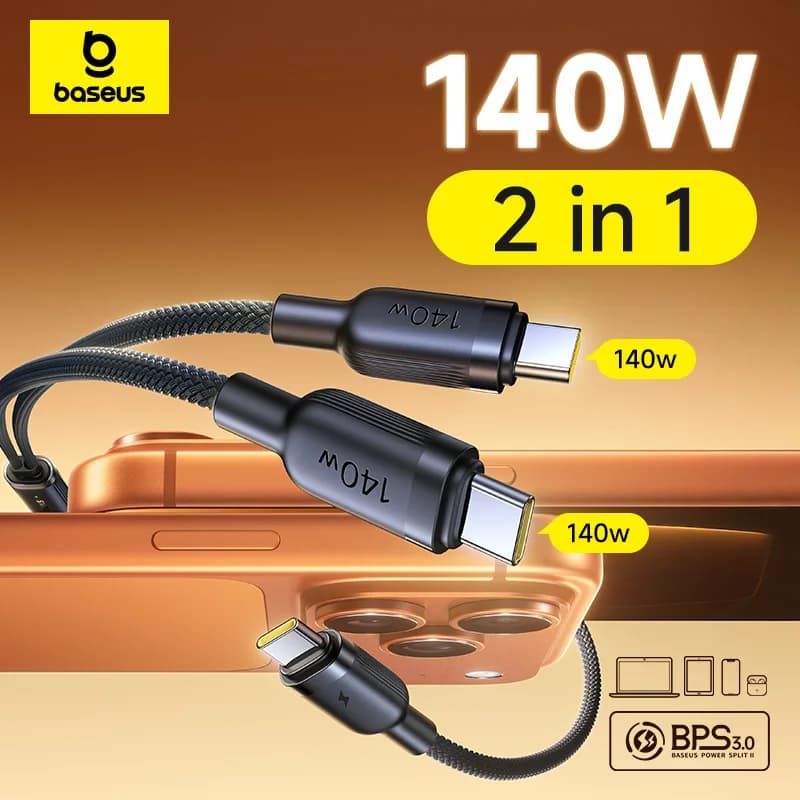 Cavo dati Baseus 140W Cavo dati 2 in 1 PD3.1 QC PPS Ricarica rapida da USB-C a doppio cavo di tipo C per tablet portatile Samsung iPhone