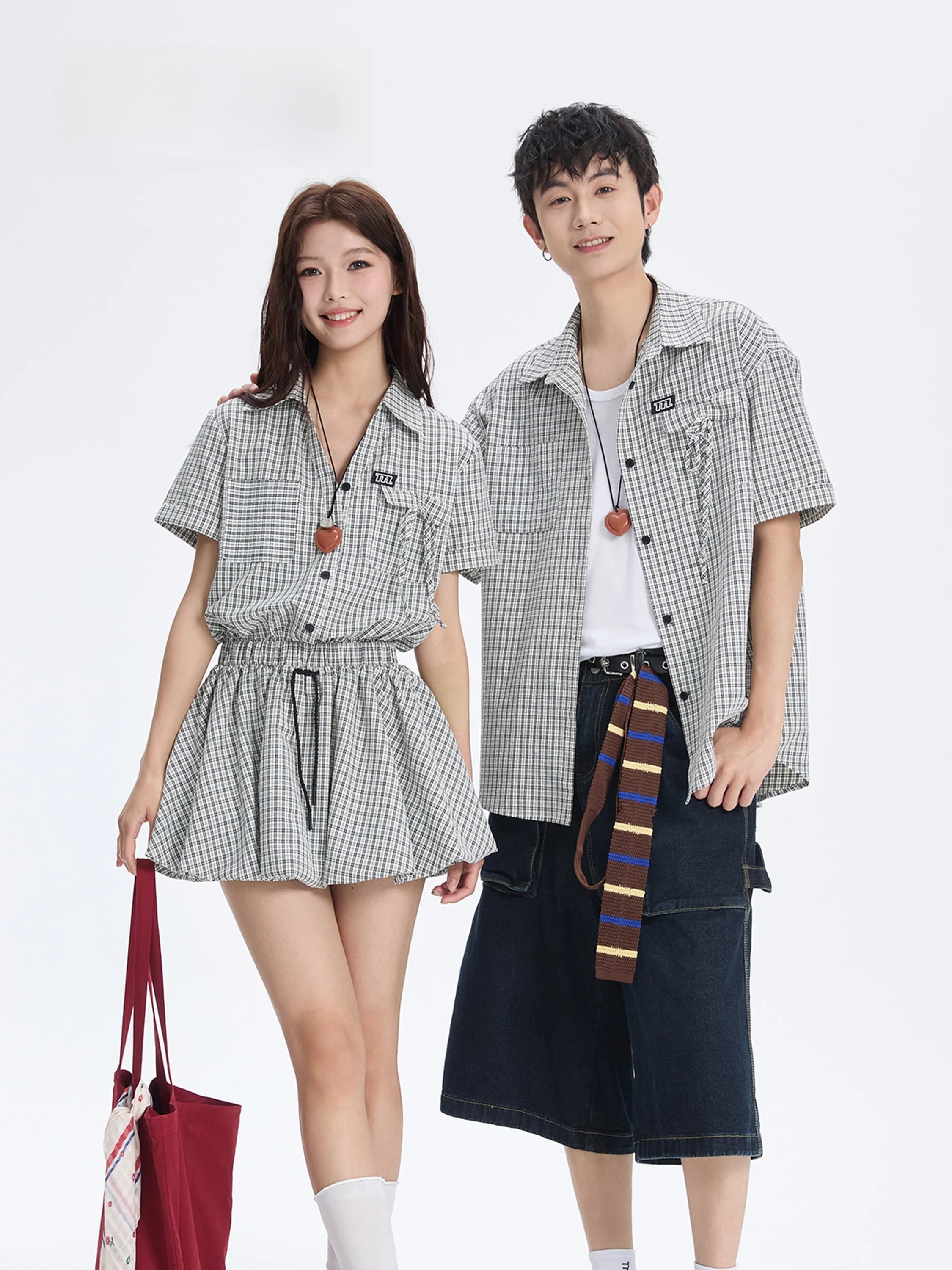 Couple Matching Plaid Design Short Sleeve Shirt Dress Women's Slim Fit Cotton Blend Casual Wear Breathable Soft Fabric