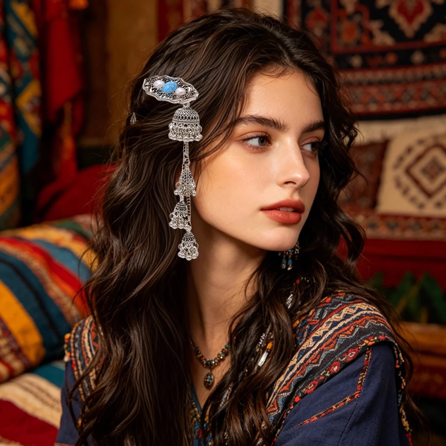 Ethnic Antique Silver Bell Tassel Hair Barrette Imitation Turquoise Pearl Hair Clip Chinese Tibetan Style Hairpin Boho Jewelry