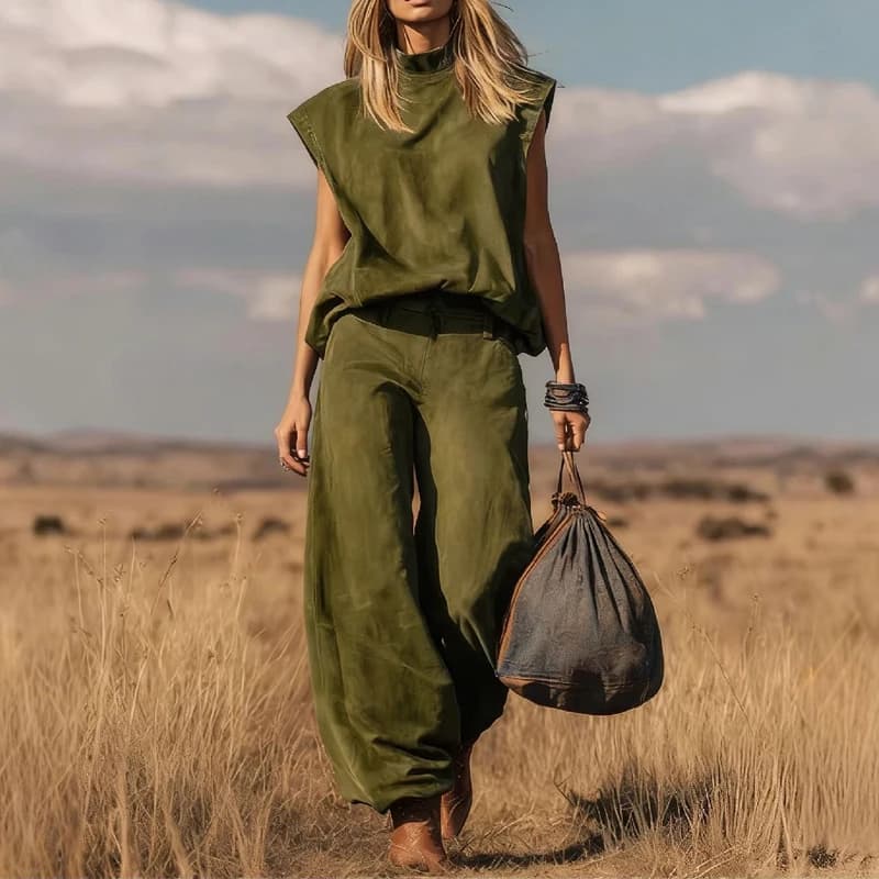 Elegante Completo Estivo con Pantaloni a Vita Alta e Tasche, Gilet Senza Maniche a Collo Alto e Pantaloni, Nuovo Set Casual in Due Pezzi