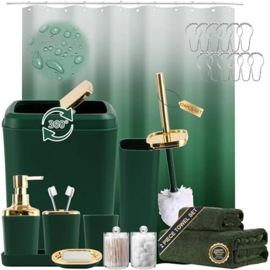 Accessori per il Bagno, Set da 24 Pezzi Verde e Oro con Tenda Doccia, Asciugamani, Cestino, Dispenser Sapone e Sapone