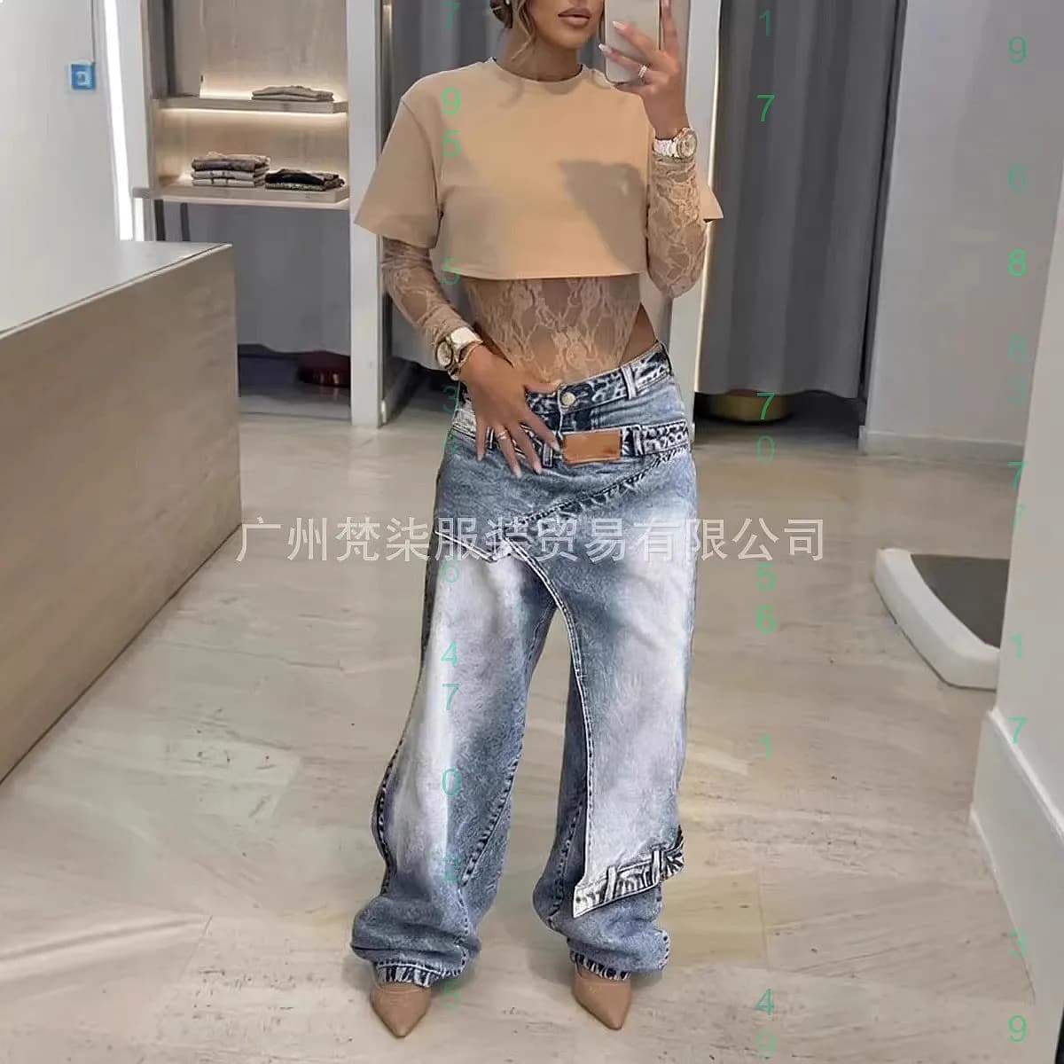 Jeans Vintage Effetto Lavato da Donna, Design Y2K Finto Due Pezzi, Salopette con Pantaloni