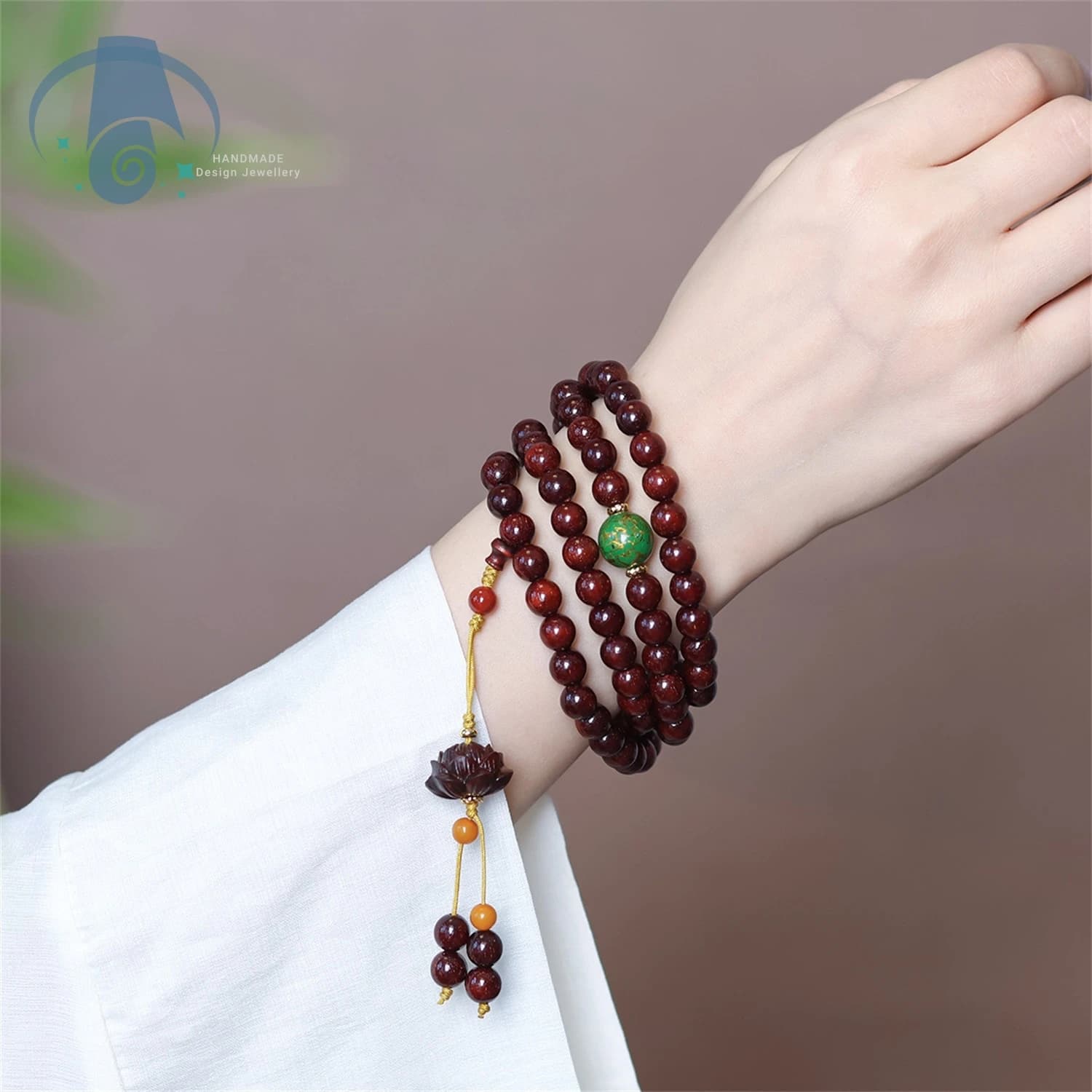Premium Natural Rosewood Multi Strand Bracelet Necklace Full Gold Grain Lotus Carving Lacquer Handmade Meditation Jewelry Women