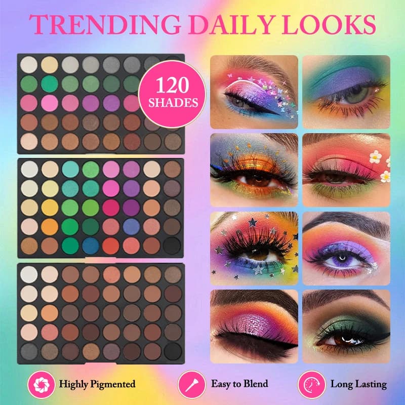 Palette Ombretti 3 Strati 120 Colori, Kit Trucco Tutto-in-Uno Opaco e Shimmer, Cosmetico Altamente Pigmentato a Lunga Durata, Idea Regalo