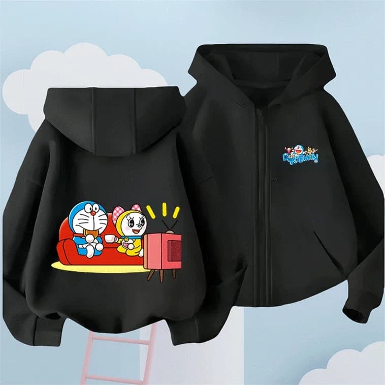 Giacca con cappuccio morbida con stampa Doraemon, abbigliamento esterno alla moda per bambini e bambine, in offerta speciale.
