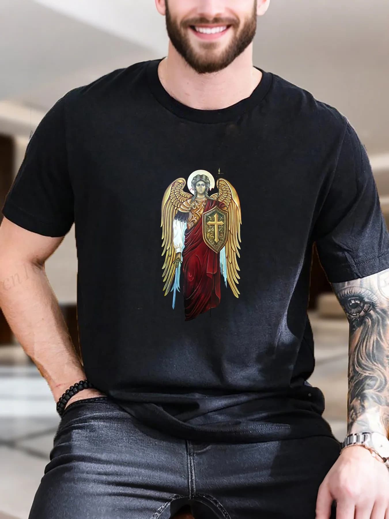 T-shirt in cotone con stampa Angel Sword Shield da uomo di nuova moda di arrivo T-shirt casual morbida ed elegante traspirante per grafica estiva alla moda S