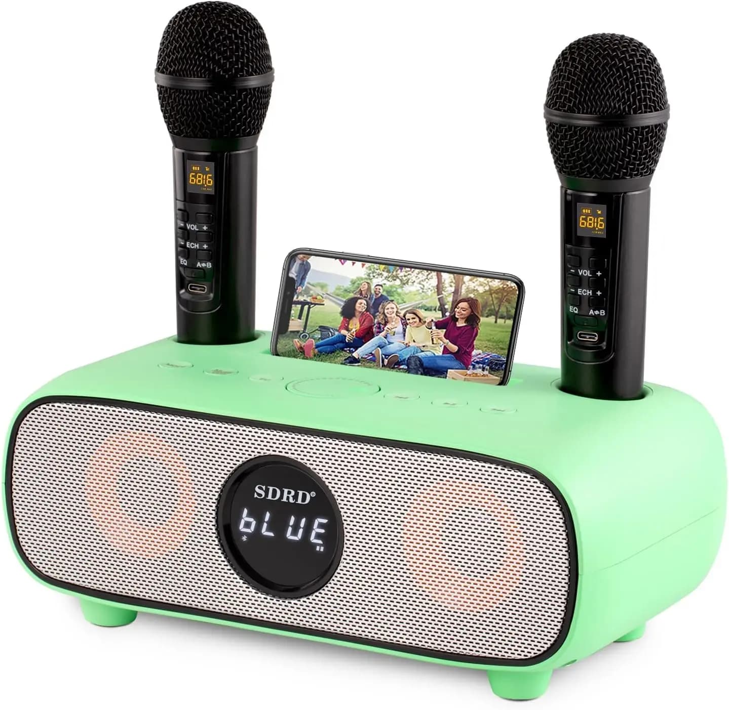 Macchina Karaoke Bluetooth Portatile con Supporto per Telefono, 2 Microfoni Wireless, Altoparlante PA per Adulti e Bambini, Regalo di Compleanno Verde