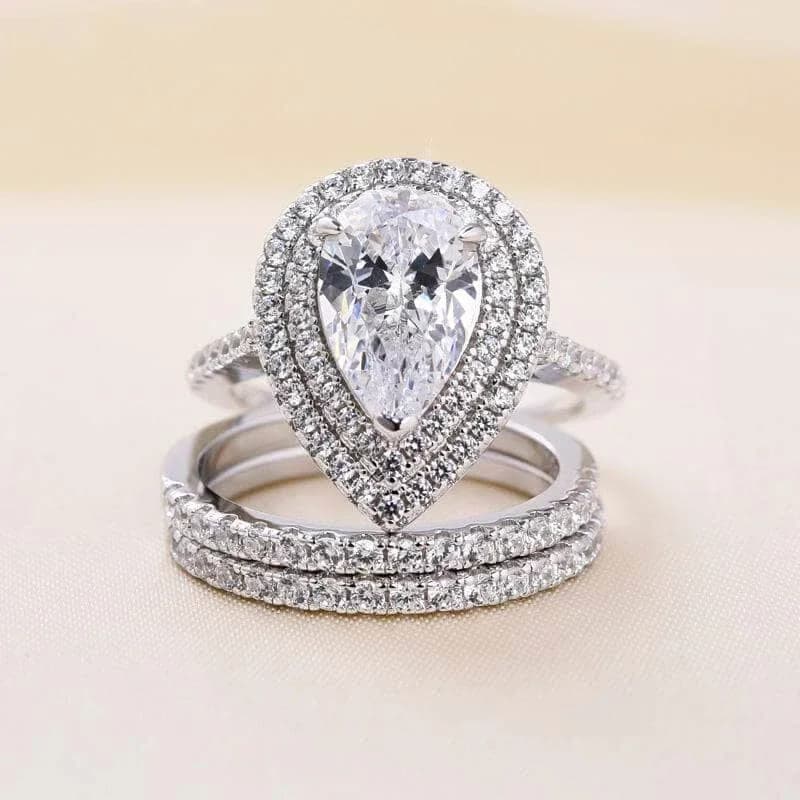 Huitan Pear Cubic Zircon Set Rings for Women Luxury Wedding Jewelry Silver Color Engagement Party Temperament Elegant Lady Rings