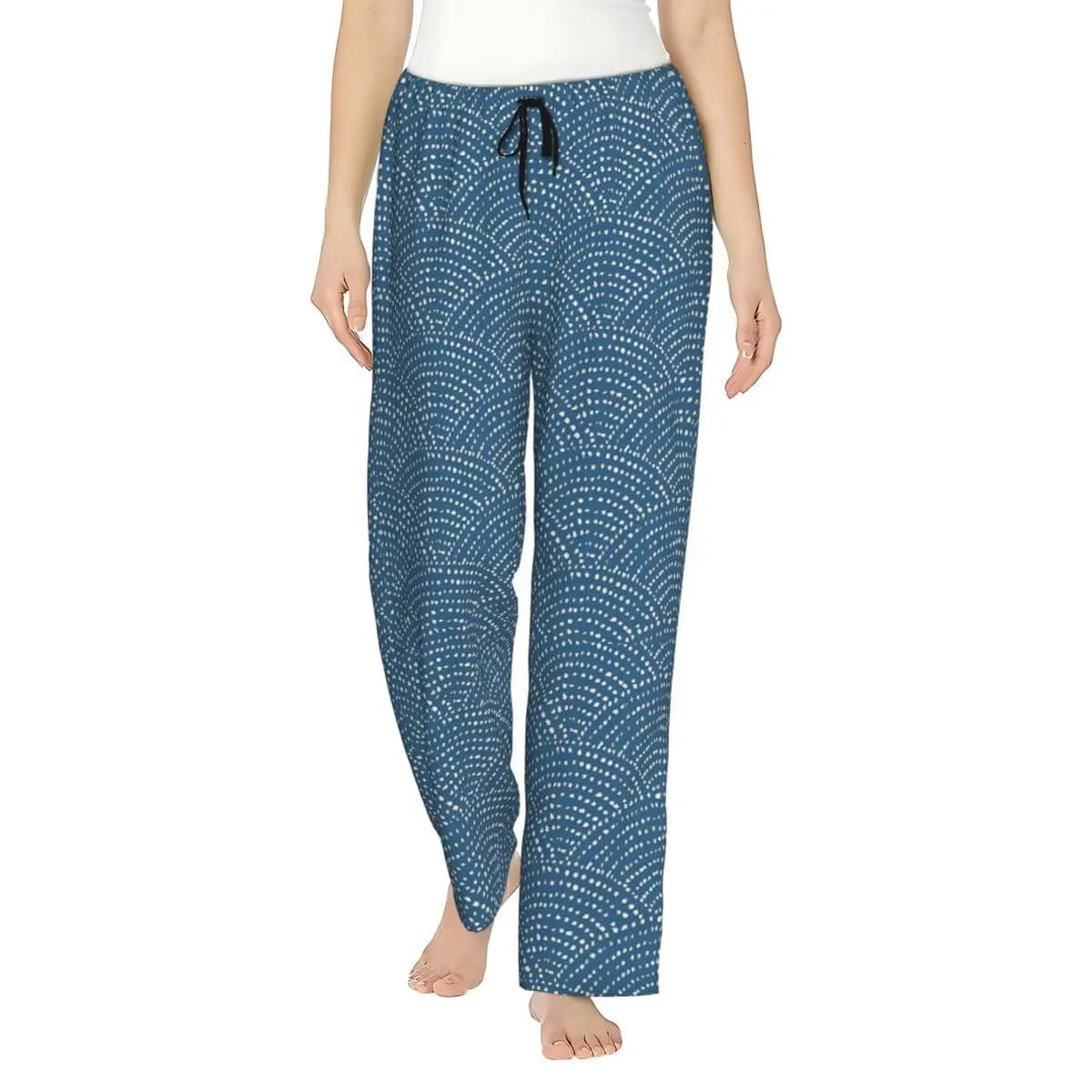 Pantaloni da casa da donna con stampa Ink Dot Scales - Bianco su blu, elasticizzati, con motivo geometrico blu inchiostro, pantaloni pigiama, pantaloni da pigiama per la casa