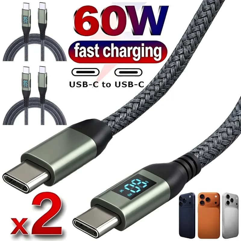 Cavo USB-C a USB-C da 60W con ricarica rapida PD per display LED, cavo di ricarica intrecciato in nylon per iPhone 17 16 15 MacBook iPad