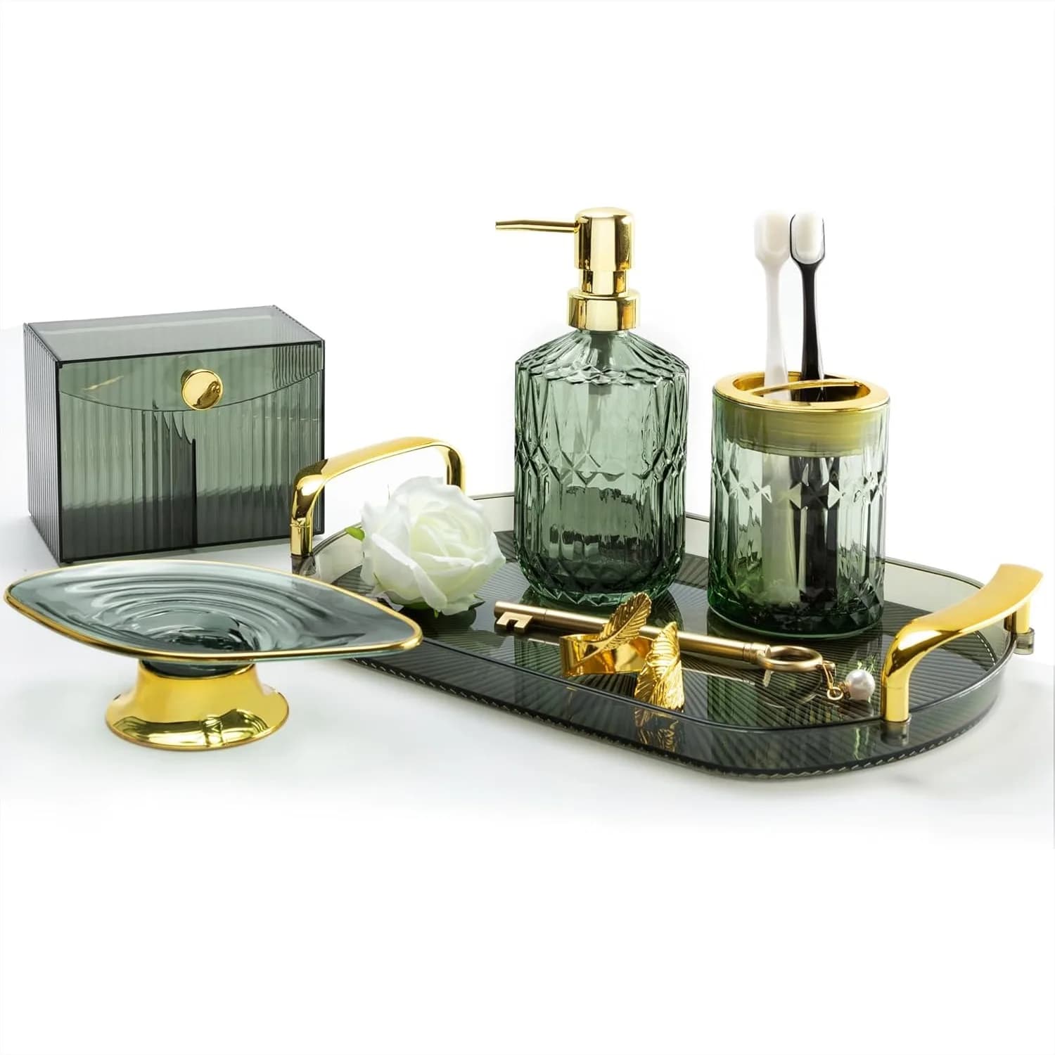 Set di Accessori per Bagno Verde Salvia 5 Pezzi, Decorazione Verde Salvia con Vassoio, Dispenser Sapone e Portaspazzolino per Bagno Boho