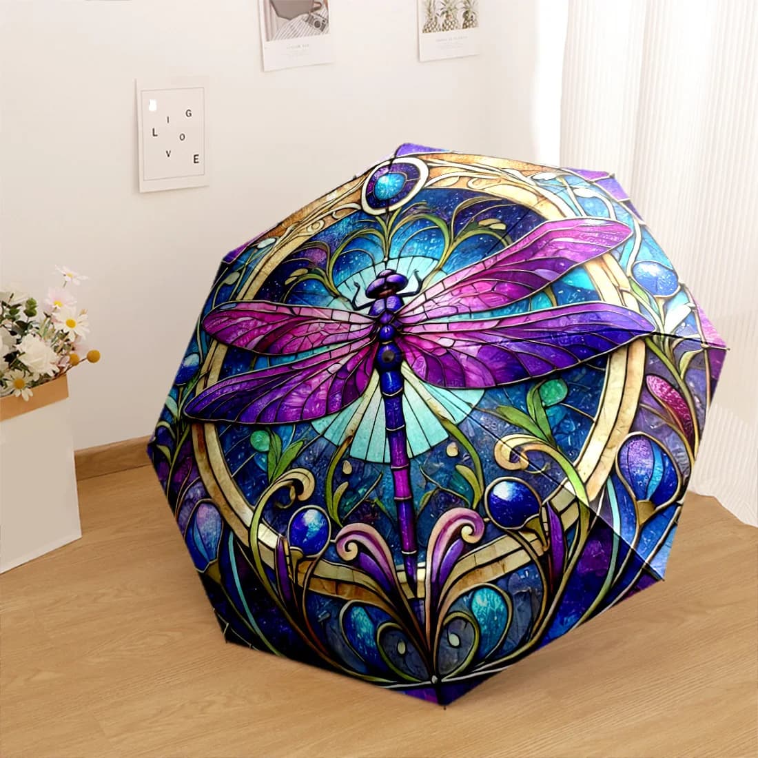 1 ombrello automatico con apertura/chiusura automatica e design a libellula in vetro colorato - Viola, Blu, Dorato, Nero, Verde acquamarina - Compatto e pieghevole a forma di U