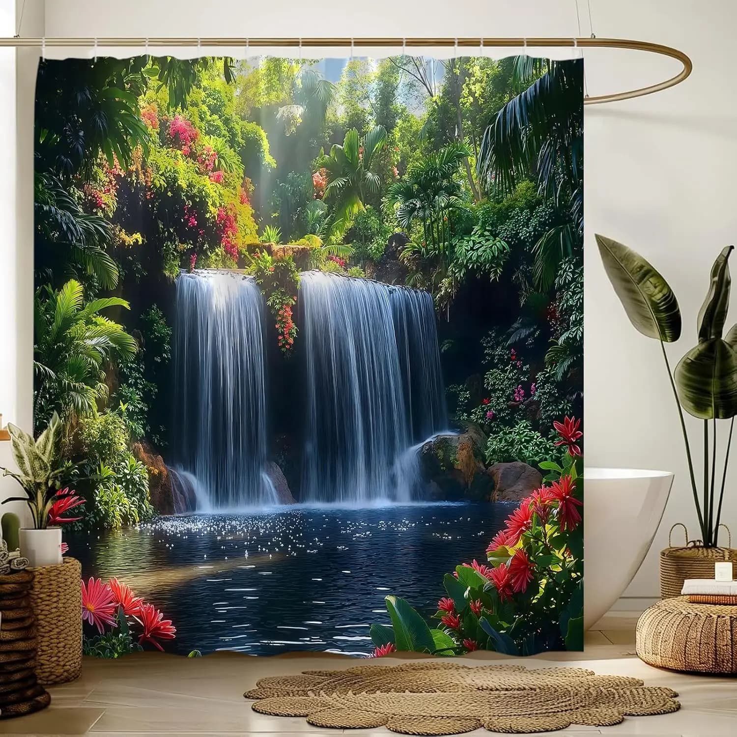 Tenda da Doccia con Cascata nella Foresta Pluviale, Decorazione per Bagno con Paesaggio Tropicale e Natura Verde