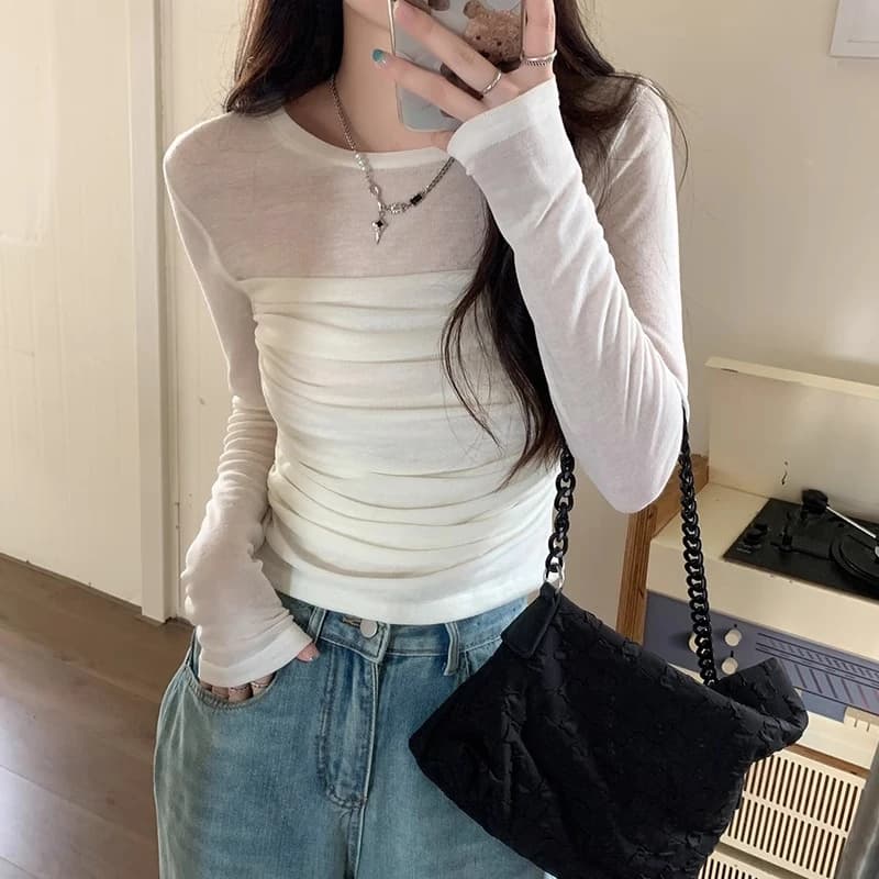 Sweet Short Sleeve Slim Fit Base Shirt Commute Style Color round Neck Long Sleeve T-Shirt for Women in Autumn