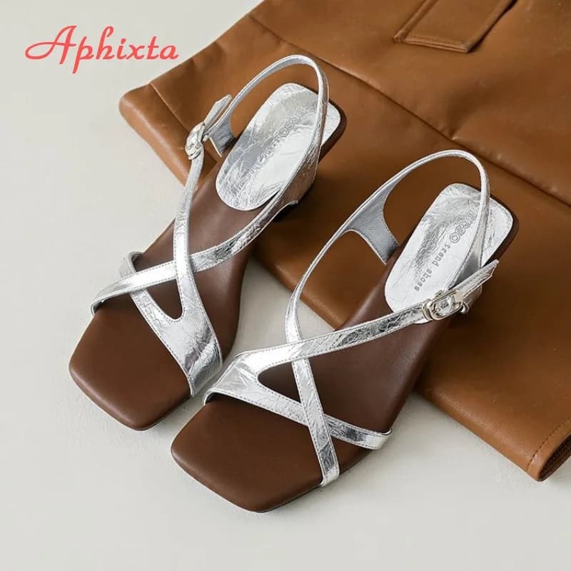 Aphixta Elegant Ladies Cross Ankle Strap Open Toe Sandals Unique Curved Wooden Block 5cm Mid Heel Summer Party Women Sandals