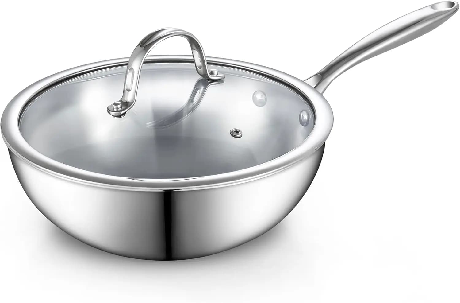 Wok in Acciaio Inox da 10,5 Pollici con Coperchio, Compatibile con Induzione, Riscaldamento Uniforme per Saltare in Padella e Cucinare