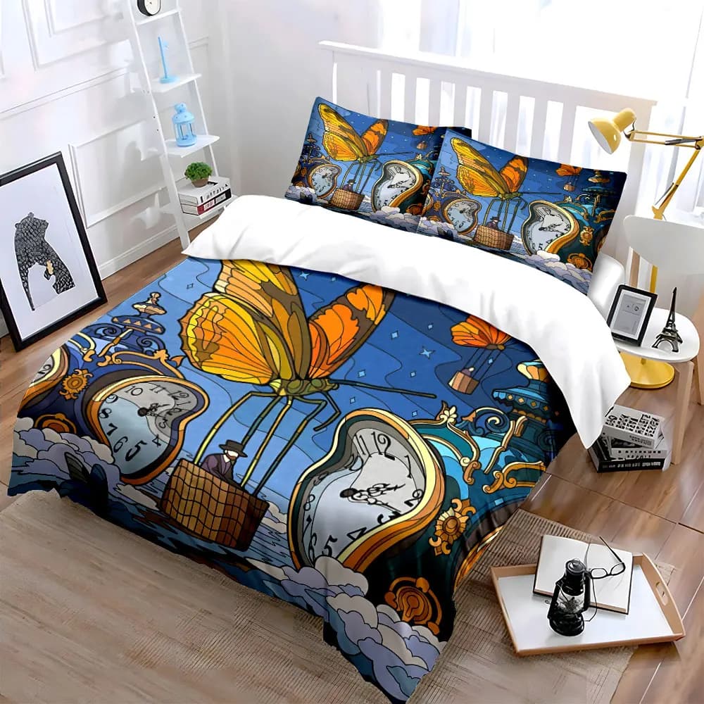 Set di biancheria da letto Dreamy Butterfly Clock Decor, morbido e delicato sulla pelle, include 1 copripiumino e 2 federe, regalo