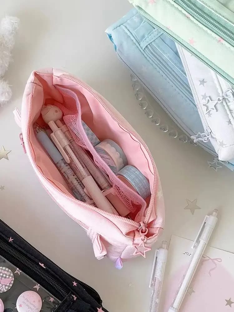 Candy Color Star Fabric Pencil Case Cute High Aesthetic Stationery Storage Pouch Girls Portable Pen Bag Back To School