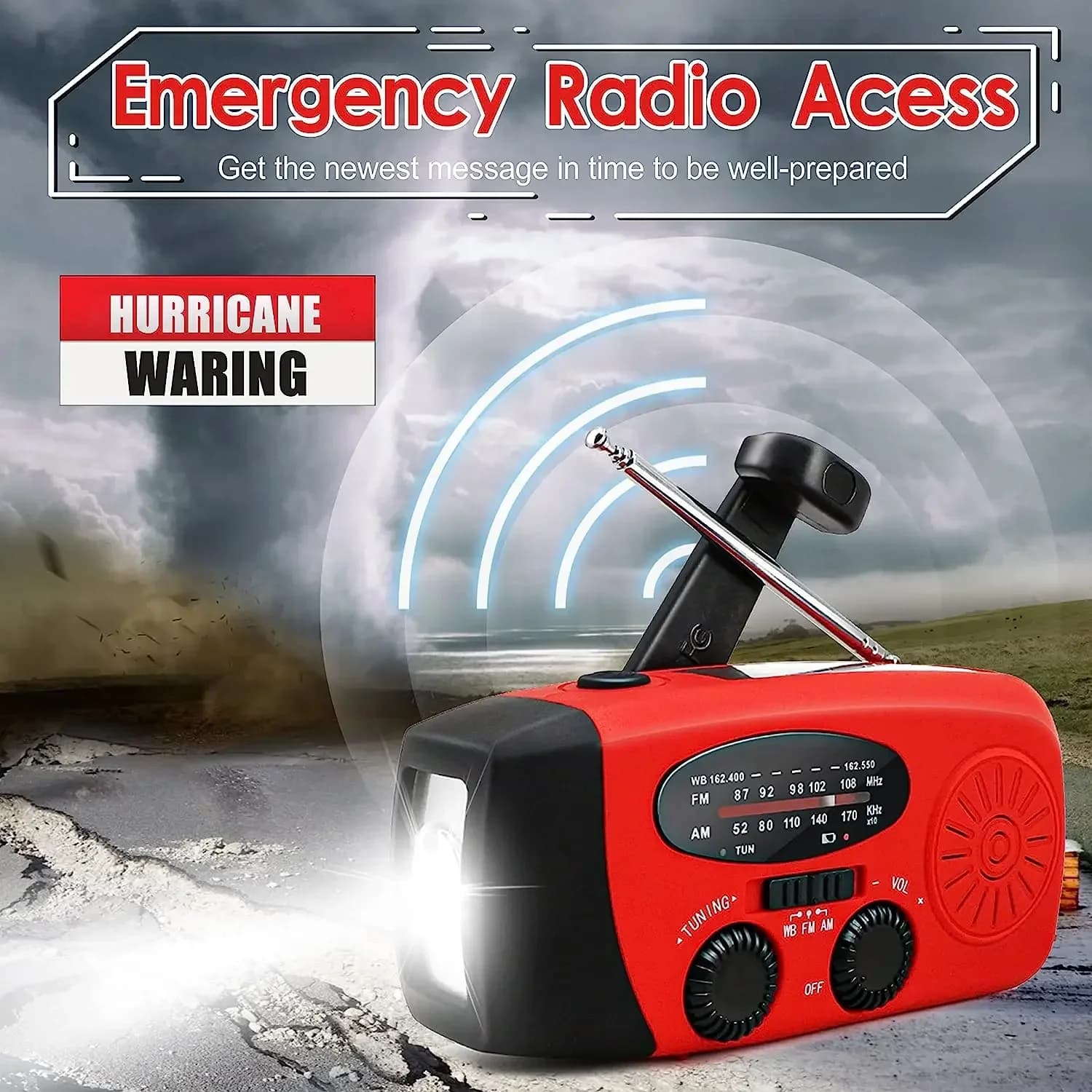 Radio solare multifunzionale a manovella FM AM WB NOAA Radio meteorologica 2000mAh Ricarica USB Torcia LED di emergenza Bansione di alimentazione