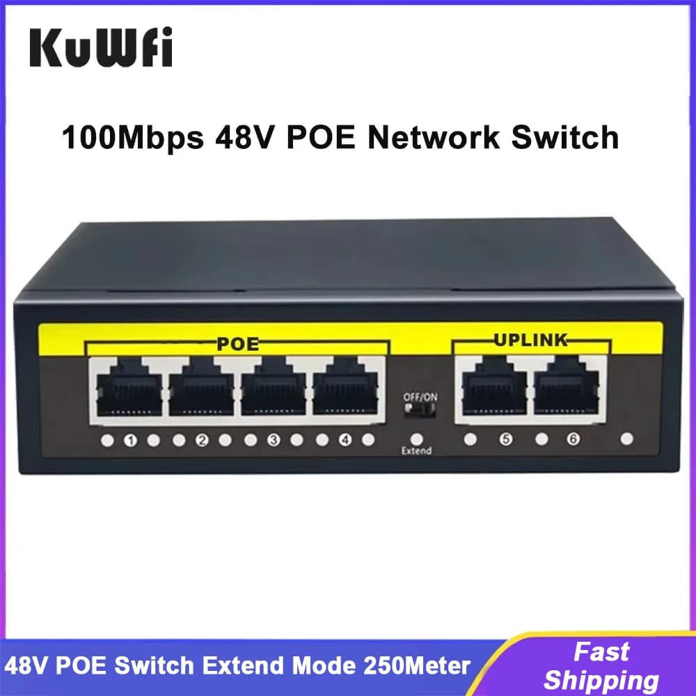 Switch POE KuWFi 48V 100Mbps Smart IP Switch 4/8 porte Switcher RJ45 standard POE Estendi 250 metri per telecamera IP/AP wireless/CCTV
