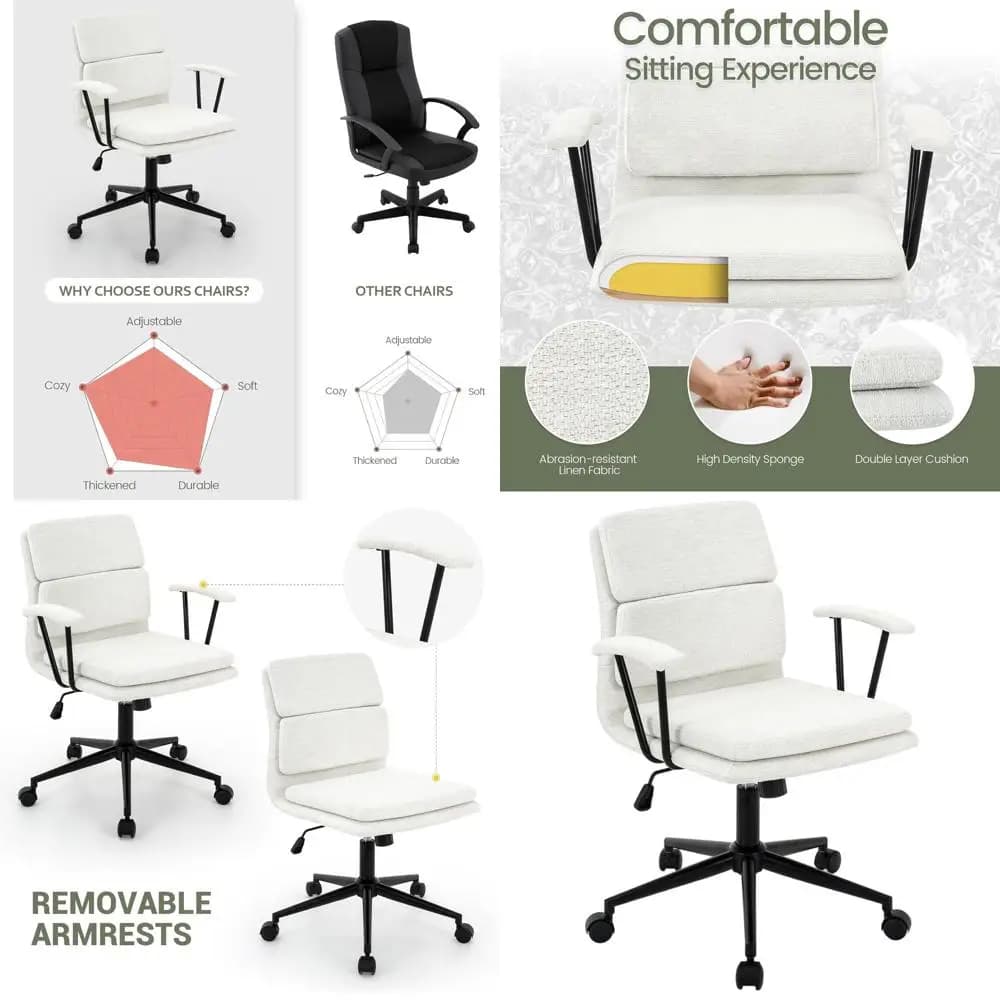 Sedia da computer ergonomica con schienale medio e braccioli rimovibili, doppio cuscino, 135 ° Sedia Girevole con Ruote per Ufficio Domestico (Bianca)