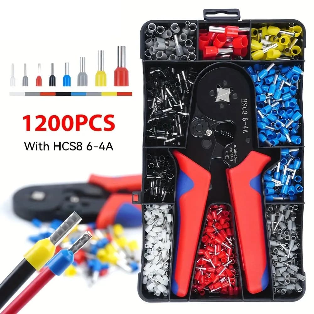 HSC8 6-4A Kit di strumenti per crimpare ghiera Pinza per crimpare ghiera AWG 23-7 con 1200 pezzi Connettori per ghiera Terminali terminali per cavi Crimpatrice