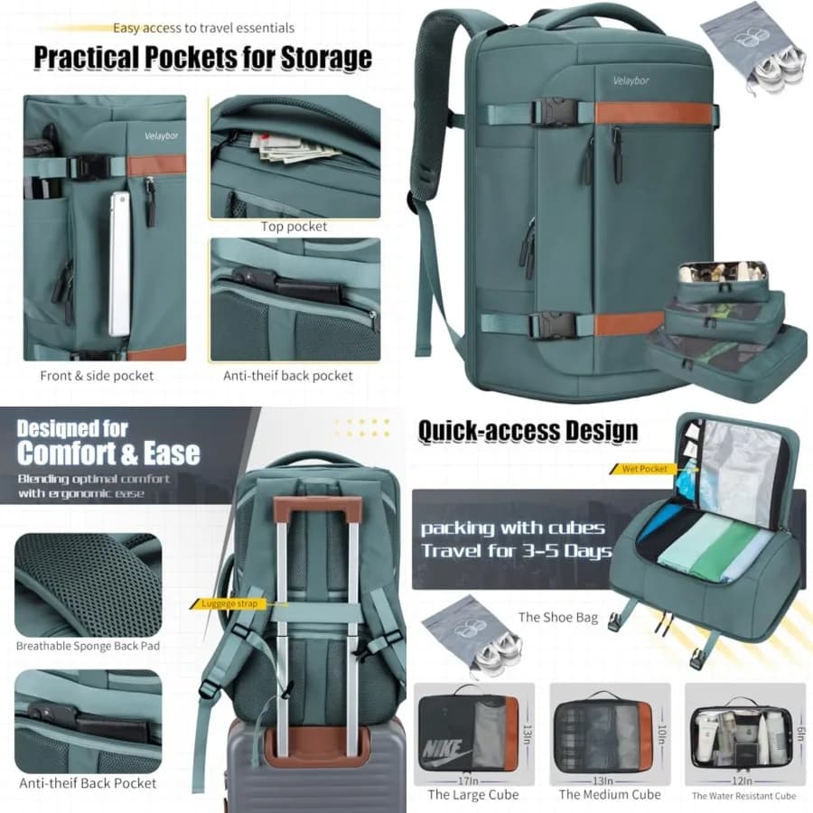 Zaino da Viaggio 42L con 4 Cubi Organizzatori, Borsa da Cabina Approvata TSA, Zaino Impermeabile per Uomo