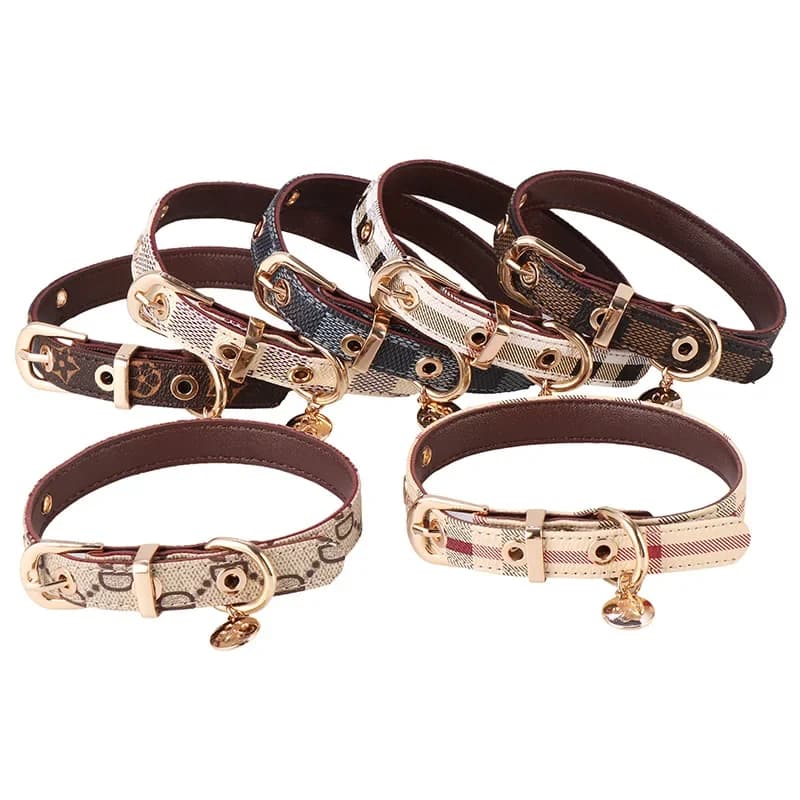 Dog Collars Leashes Leather Collar and Leash Set Adjustable Basic Check Pattern Durable Harness with Metal Buckle Suitabl