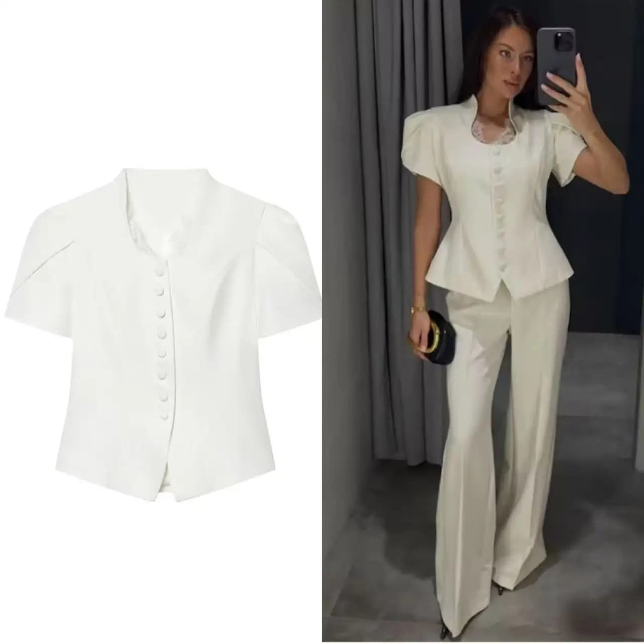 Guobioziy Lace Patchwork Women's Short Top with Single-Breasted Short Sleeves 2026 Spring/Summer Street Fashion Women's Top