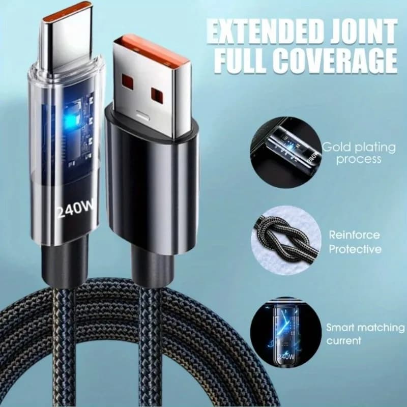 Cavo di ricarica rapida trasparente intrecciato da 240W USB a Type-C per cellulari, tablet, notebook, universale e anti-rottura.