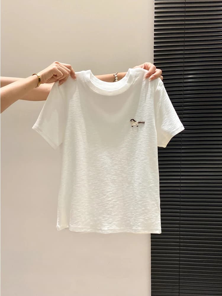 Basic And Comfortable 3D Cartoon Patch Shoulder T-Shirt Women Summer Versatile Simple Ins Top Breathable Cotton Short S...