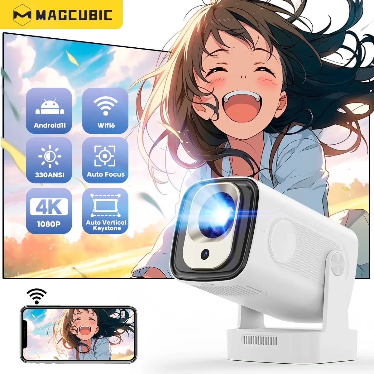 Magcubic Auto Focus 330 ANSI HY310 4K projector supported 1080P Android 11 WiFi6 BT5.4 Air Mouse Voice control Portable home