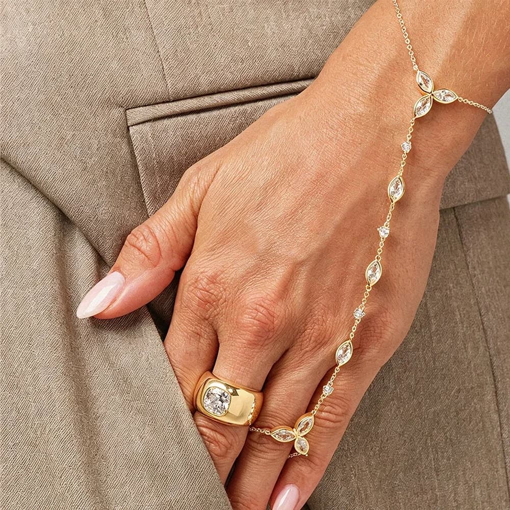 Trendy Stainless Steel Zircon Bracelet for Women Water Droplet Long Chains Finger Bracelet Gold Plated Jewelry Waterproof Gifts