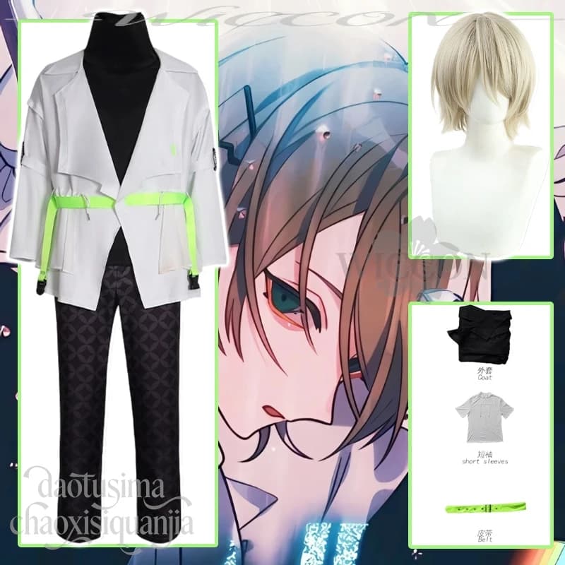 Anime Game Project Sekai Crossover Ensemble Stars Cosplay, costume ALKALOID Shiratori Aira, white punk coat, wigs with Halloween belt