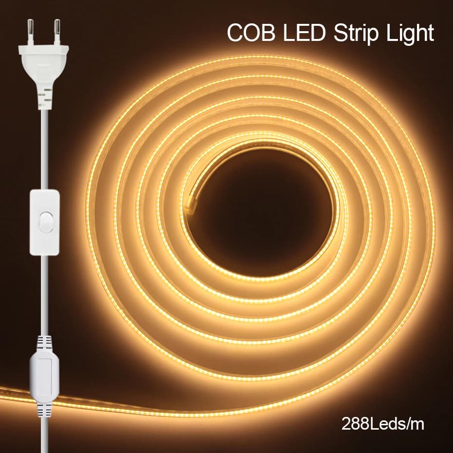 Switch ON/OFF EU AU Plug 220V COB LED Strip Neon Light 288LEDs Waterproof Home Decor Flexible Neon Lamp Kitchen Garden Lights